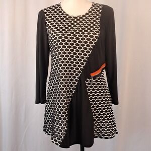 Vintage Y2K PRETTY WOMAN M Black White Geometric Tunic 3/4 Sleeve Orange Zipper‎